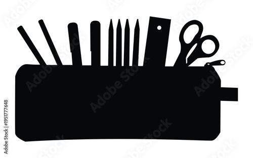 Pencil case silhouette with school supplies isolated on white background office