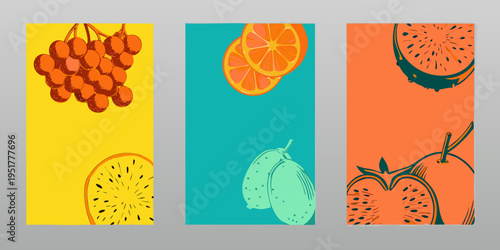 A vibrant collection of fruit illustrations displayed in vertical panels