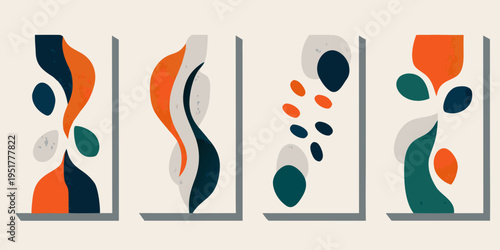 Abstract composition of colorful organic shapes arranged in vertical panels