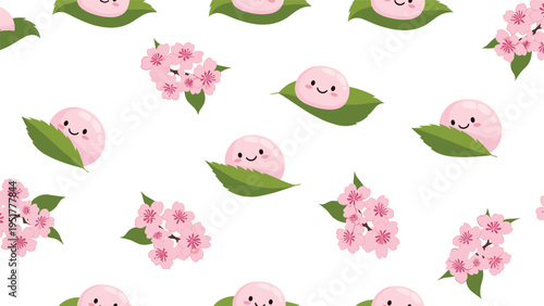 Japanese mochi dessert pattern showcases pink dumplings with cute faces on green leaves mixed with beautiful cherry blossoms.