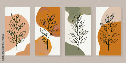 Four abstract botanical wall art panels in warm earthy tones