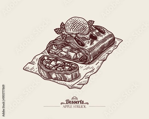 Apple Strudel with Walnuts and Raisins. Traditional Austrian Dessert. Apfelstrudel. Dessert with Puff Pastry and One Ball Ice Cream. Line art Illustration, Sketch Style.