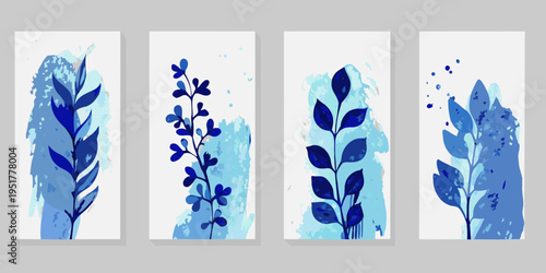 Abstract botanical wall art featuring varying blue floral and leaf designs
