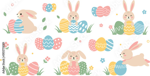 Cute Easter Bunny Illustration Set with Colorful Eggs, Cartoon Rabbits, Spring Flowers and Pastel Elements for Holiday Design and Kids Collection