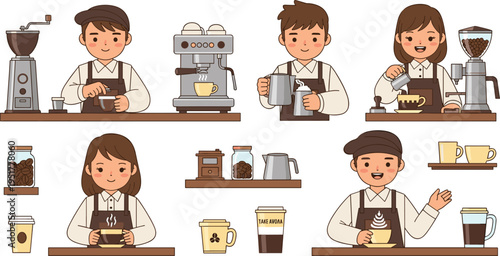 Cute Coffee Barista Character Set Making Espresso, Grinding Beans, Pouring Latte and Serving Takeaway Drinks Vector Illustration Collection