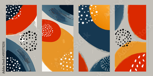 Abstract geometric patterns in orange navy and white vertical panels