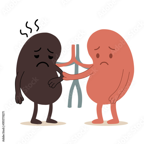 Cartoon sick and healthy kidney characters with ureter flat design vector illustration