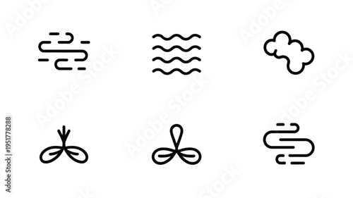 Breathing Meditation Icon Set with Airflow and Relaxation Symbols