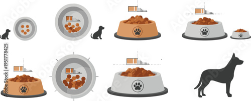 Dog Food Portion Illustration Set with Pet Bowls, Kibble Serving Sizes, Feeding Guide and Nutrition Elements for Animal Care Design Collection