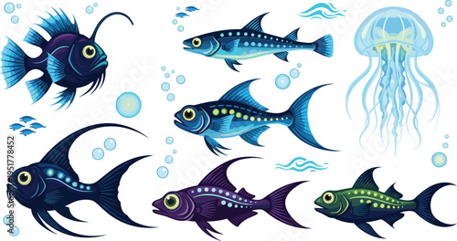 Deep Sea Marine Creatures Set with Anglerfish Lanternfish Jellyfish and Glowing Ocean Fish Underwater Wildlife Vector Illustration Collection