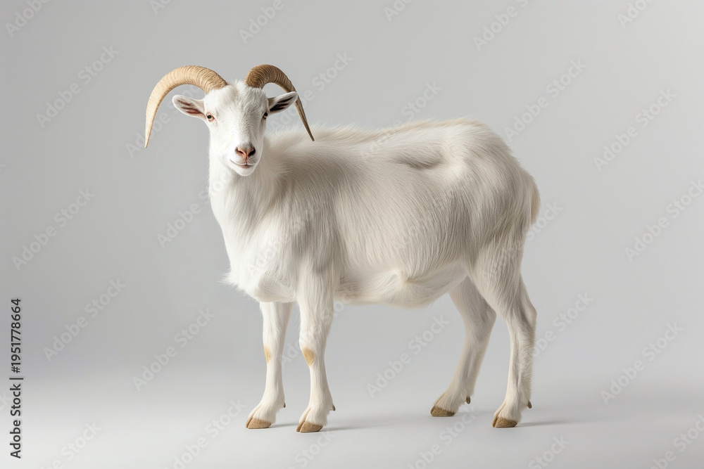 Fototapeta premium A stunning white goat on a plain background. Symbol of 2027