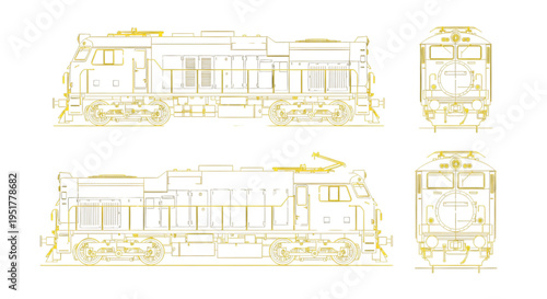 Train AutoCAD Blueprint Vector – Railway Vehicle Technical Multiview Yellow Outline Drawing