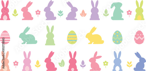 Easter Bunny Silhouette Collection with Colorful Rabbits, Eggs and Floral Elements, Minimal Spring Holiday Icons Set for Decorative Design Illustration