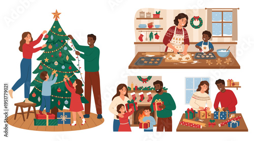 Illustrations depict families and couples preparing for Christmas at home, decorating trees, baking gingerbread, and wrapping gifts, rendered as flat vectors on a white background
