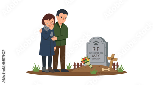 Melancholic individuals attend a dog’s burial in a pet cemetery, as two pet owners mourn the canine’s gravestone; the scene is depicted in a colored flat vector illustration of a solitary dog