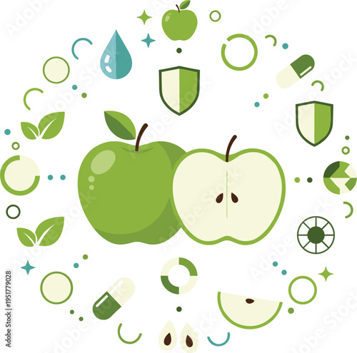 Green Apple Illustration Set with Whole and Cut Fruit, Seeds, Leaves and Health Icons, Fresh Organic Food Elements for Nutrition Design Collection