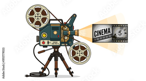 A vintage movie projector mounted on a tripod, complete with reels, displays cinema in a film cinematography concept; the equipment is styled in a retro manner for video projection, depicted as a