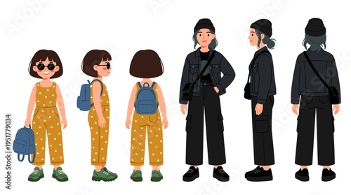 A youthful woman with cropped hair and sunglasses in a chic jumpsuit, clutching a backpack, depicted in a full black street‑style look from front, side, and back angles in a cartoon vector