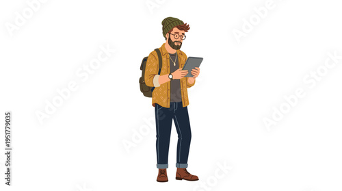 A trendy young man in fashionable attire reads an e-book, depicted in a modern portrait with an electronic reader against a white backdrop, rendered as a vibrant hand‑drawn vector illustration