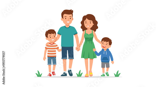 A cheerful cartoon family, hand in hand, embraces and strolls together against a plain white backdrop; the mother, father, and two sons share time in a flat vector illustration, celebrating
