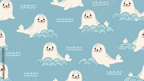 Cute seamless pattern showing white seals resting on blue waves in the ocean for nursery and children's designs.