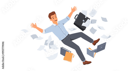 A young man collapses while clutching business documents, symbolizing a career collapse and misfortune, depicted in a colorful flat vector illustration set against a white background