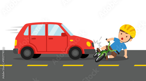 A car collides with a boy on a bicycle, causing a head‑on crash. The incident is depicted as a single vehicle accident on a white backdrop, rendered in a bright, flat cartoon vector style