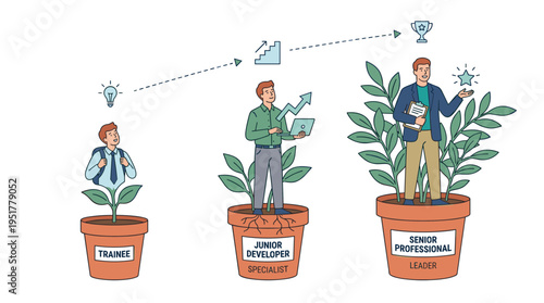A new employee begins their career, evolving. The concept of professional growth and development is highlighted. An office worker, a trainee, maturing like a plant. A young specialist. A flat vector