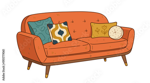 Hand‑drawn vector illustration of a retro sofa, a soft settee with cushions, presented as a piece of vintage furniture on a white background