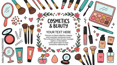 A square backdrop featuring fashion cosmetics and makeup artist props, illustrated by hand and leaving space for text