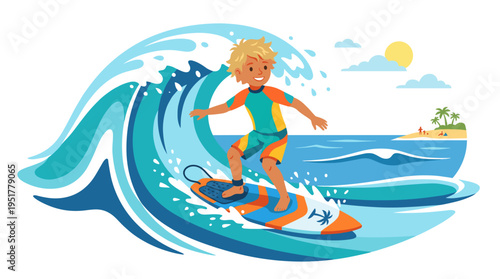A young surfer glides on a sea wave, standing confidently on his board during a sunny holiday, captured in a clean white-background vector illustration