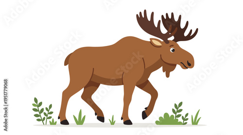 A moose strolling through the forest, a sizable wild elk with wide antlers, seen from the side in a cute profile, depicted as a flat vector illustration against a white background