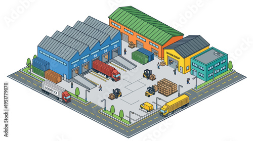 A collection of freight transport warehouses in various shapes, depicted in isometric, colorful line art