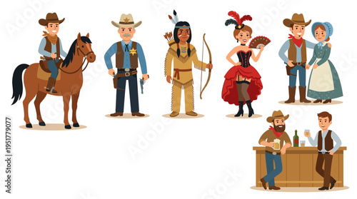 A vector flat illustration featuring a set of wild west cartoon characters, including a cowboy riding a horse, a sheriff with a gun, country folks at a bar, an Indian with a bow, a couple, and a