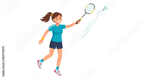 Joyful, energetic woman playing badminton in a flat vector illustration, smiling in sportswear while striking a shuttlecock with her racket against a white background