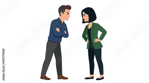 A man and a woman confront each other head‑on, embodying a male‑vs‑female rivalry with intense eye contact and a confrontational stance, depicted as a flat vector illustration on a white background
