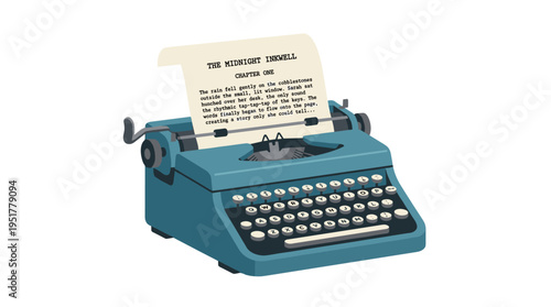 A vintage typewriter with paper, a letter, and a document showcases an old writing machine and keyboard, depicting a page of a composed novel, rendered as a modern flat vector illustration on a white