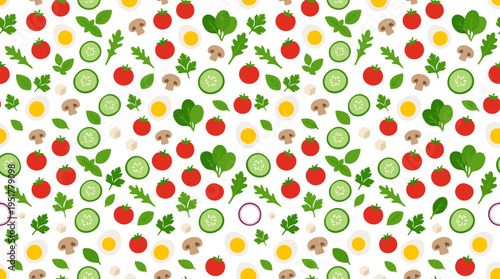 A continuous food design featuring wholesome, fresh components. An infinite backdrop of sliced vegetables, tomatoes, cucumbers, egg fragments, Italian greens, cheese, and mushrooms. A flat vector