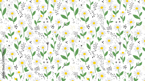 A continuous floral motif featuring simple daisy prints, an abstract black‑and‑white texture, and an endless spring backdrop, suitable as a repeating, printable design for textiles and wrapping