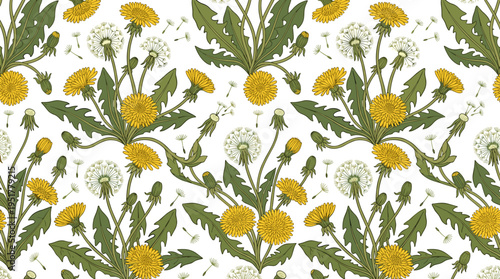 A stunning seamless botanical pattern featuring hand‑drawn dandelion plants, flowers, seed heads, and leaves in a retro style, ideal for fabric and wallpaper illustrations