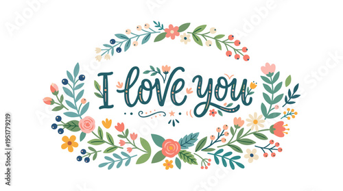 Hand‑drawn lettering featuring an “I love you” phrase and floral decoration