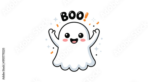 A cute, happy Halloween ghost smiles brightly, exuding a cheerful, joyful vibe, with arms raised in a kawaii, friendly spook style, rendered as an isolated, childlike flat vector