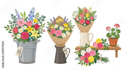 Bouquets of flowers sit in a bucket, while floral bunches wrapped in paper rest in a metal vase; fresh cut posies of blooming roses are also displayed, offering garden flora for sale, all illustrated