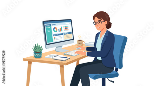 A flat vector illustration of a female office worker, depicted as a businesswoman using a computer, performing her job duties in an isolated office setting against a white background