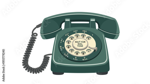 A vintage rotary-dial telephone with headset, reminiscent of a 1954 desk set from the 1950s and 1960s, depicted as a flat vector illustration on a white background