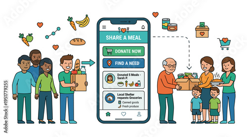 An online food donation and aid concept featuring a mobile app that lets users share and donate meals to those in need, a charity app that assists with groceries, illustrated as a flat vector on a