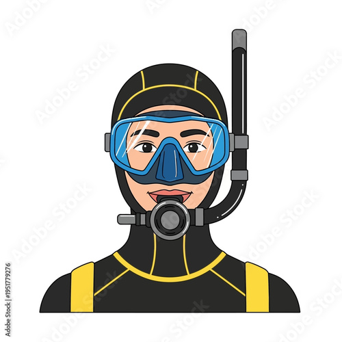 Scuba Diver Portrait in Black Wetsuit with Snorkel and Mask