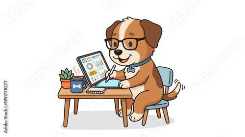 A clever puppy wearing glasses sits at a tablet PC, holding a coffee mug; this cute, funny dog is a pet, portrayed as an adorable, intelligent pup working, shown in a flat vector illustration on a