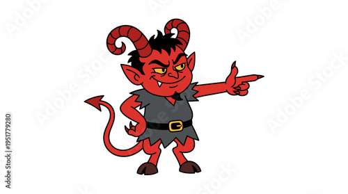 A menacing red devil, complete with horns and a tail, points a finger in a flat vector illustration. The proud cartoon monster displays a hand gesture, isolated against a white backdrop. It’s a