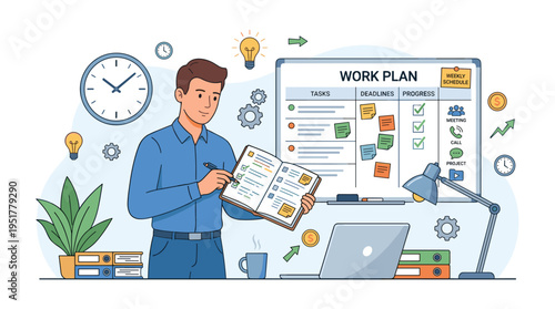 Illustration of effective time management and work planning: a man, an office manager, stands beside a clock and a task board with agenda notes, rendered in flat vector style on a white background